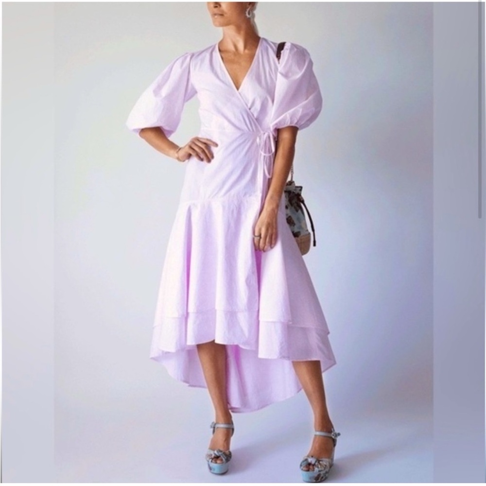 Ganni Puff Sleeve Pink Floral Wrap Dress